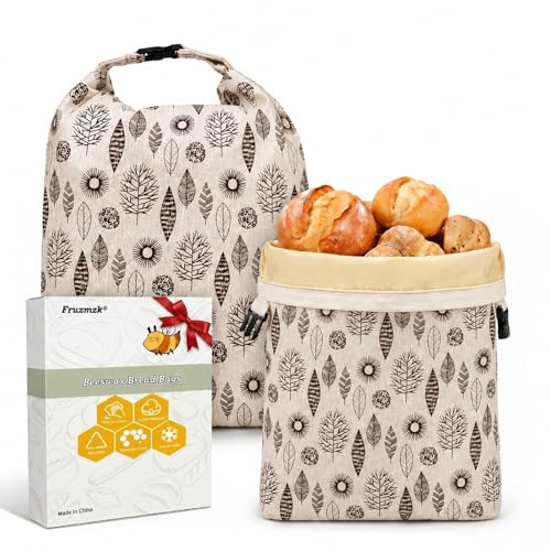 Fruzmzk Reusable Beeswax Bread Bags Sourdough Storage 17 x 13 Inch 2 Pack | Natural beeswax lining for breathable storage; washable and reusable for sourdough, homemade bread, picnics, and gifts
