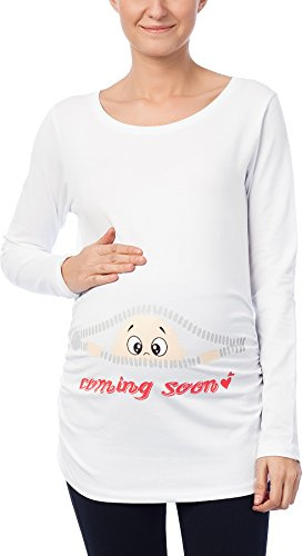 M.C. Coming Soon – rolig rolig söt mammamode, mammaskjorta, tröja, graviditetströja med motiv för graviditet, långärmad, Vit, L