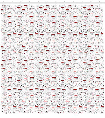 Ambesonne Tea Party Shower Curtain, Doodle Style Crockery Illustration of Floral Patterned Kettles and Cups, Fabric Bathroom Decor Set with Hooks, 105 inches Extra Wide, Red Black White