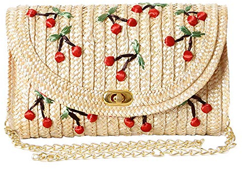 EVEOUT Kirsche bestickte Stroh-Clutch Damen, geflochtene Umhängetasche mit Kette, Mehrzweck-Umschlagtasche für Hochzeit Sommer Strand Reise