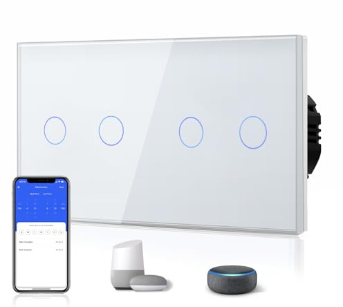 BSEED Smart Alexa Lichtschalter aus Glas, WiFi Touch Wandschalter 2 Fach 1 Weg+ 2 Fach 1 Weg (Neutralleiter Erforderlich), Alexa/Tuya/Google Home-kompatible 157mm * 86mm Weiß