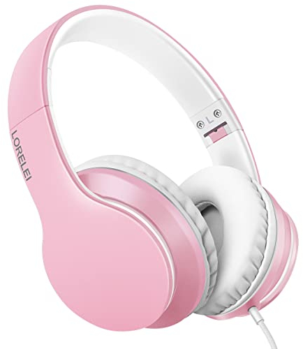LORELEI X6 Casque supra-auriculaire filaire avec microphone, léger, pliable et portable avec basses stéréo sans nœuds de 1,45 m pour smartphone, tablette, MP3/4 (rose perle)