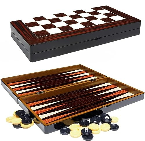 PrimoLiving Deluxe Holz Backgammon Set Porto – 25,5 x 26,4 cm - inklusive Schachbrett