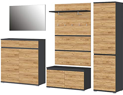 Germania 5-TLG. Garderoben-Set 8819 GW-Lissabon, bestehend aus Schuhschrank, Spiegel, Schuhbank, Garderobenpaneel und Garderobenschrank, in verschiedenen Dekoren