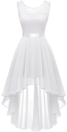 BeryLove Formal Dresses for Women Homecoming Wedding Guest Cocktail Vacation Prom Dress for Teens Sleeveless Lace Chiffon Floral Bridesmaid High Low Elegant Midi Gowns 35 White S