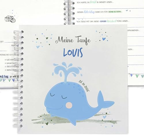 Gästebuch Taufe zum Ausfüllen, Ringbuch 25x25 cm, Erinnerungsbuch personalisiert mit Name, 30-60 Seiten, für Mädchen und Jungen, Taufbuch Wal, Taufgeschenk Taufpaten, Feenstaub