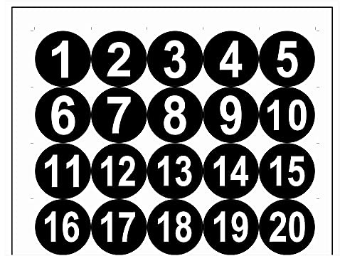 sourcing map Round Number Stickers, 50mm Dia Number 1-20 Self Adhesive PVC Label Waterproof White Word(Black Background)