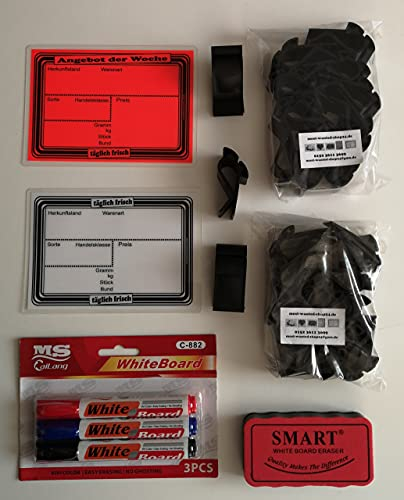 20x laminierte Preisschilder- SET 111 x 154 mm weiß + 10x laminierte Preisschilder Angebot der Woche leuchtrot + 30 Klammern + 1x3 Whiteboardmarkre + 1x Schwamm für Obst und Gemüse Werbesymbole