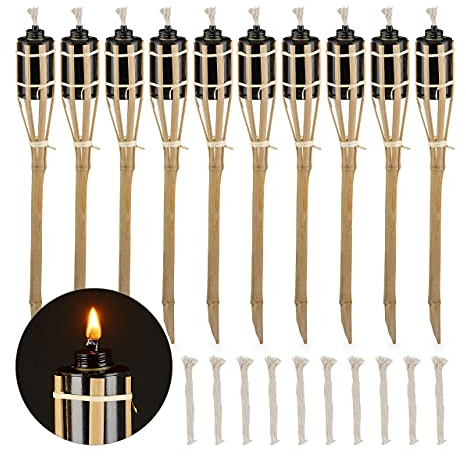 Relaxdays Set da 10 Fiaccole per Giardino, Accensione ad Olio, in bambù, con Stoppino, per Esterni, Altezza 50cm, Natura