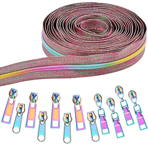 Elesunory #5 Reißverschlüsse zum Nähen, 9,8 m, Nylon-Spule, Regenbogen-Reißverschlussband, Meterware, mit 12 Regenbogen-Reißverschlüssen, robuster Reißverschluss für Heimwerker, Schneider, Nähen,