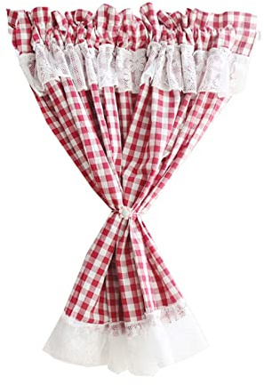 A.Monamour Gardine Scheibengardinen Kurzstores Bauernhaus Baumwolle Blickdicht Weiß Rote Karos Kariert Weißer Voile Spitze Kurzgardinen Küchengardine Fenster Kurz Vorhang Bistrogardine - 1 Stück