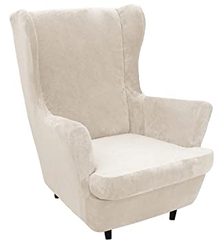 GUYIRT Sesselbezug 2-teiliger Stretch-Samt Sesselhusse Husse für Ohrensessel Sesselbezüge Möbelschutz für Wohnzimmer -Beige