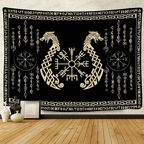 Nordic Vikings Wandteppich, groß, 254 x 228,6 cm, weiches Flanell, Vegvsir-Symbol, Zwillinge, Drachen, keltische Rune, skandinavische ästhetische Mythologie, Wandbehang für Schlafzimmer, Wohnzimmer,