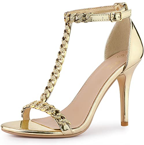 Perphy T Strap Rhinestone Ankle Strap Stiletto Heels Sandals for Women Gold 5 UK/Label Size 7 US