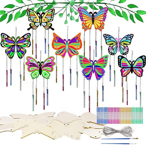 Juego de manualidades de carillón de viento de mariposa, 8 unidades, juego de manualidades para niños, carillón de viento, campanillas de viento para exteriores, juegos de manualidades para niños