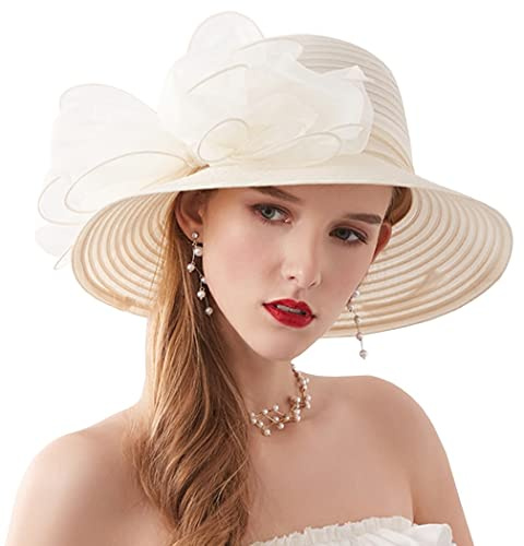 ZESLIV Damenhut Organza Hut Hochzeit Anlasshut Brauthut Sonnenhut mit Schleife Sommerhut Sonnenschutz Strandhut Strohhüte