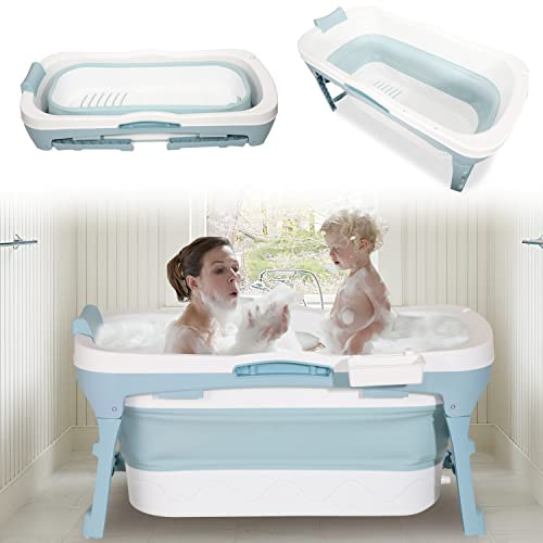 Ikodm Vikbart badkar vuxna 132 x 60 x 50 cm, vuxen vikbar badkudde med lock och massagerullar & korg fällbart badkar för badrum, dusch och balkong