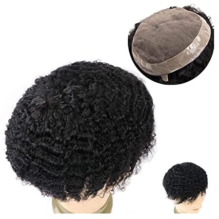 Parrucchino da Uomo Afro Wave Hair Toupee for Men Durable Mono Curly 120% Parrucche di capelli umani indiani # 1B Unità di sistema di ricambio for protesi di capelli maschili neri Parrucca da Uomo (C