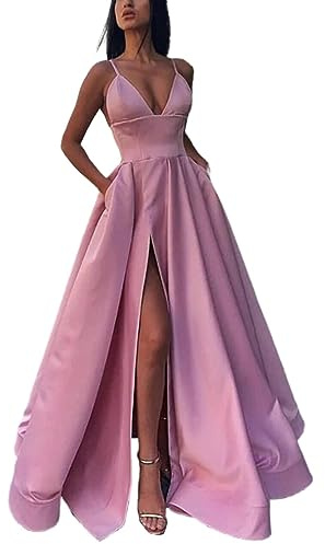 Vestido de Tirantes de Verano para Mujer Vestido Largo de Satén sin Mangas de Cuello V con Abertura Alta Vestido de Color Sólido Ropa de Cóctel Noche Fiesta Boda Invitado para Mujer(AB-Rosa,M)