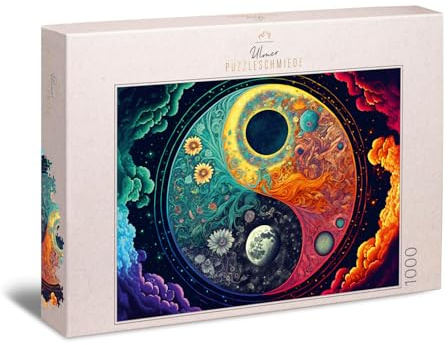 Ulmer Puzzleschmiede - 1000 Teile Puzzle „Quell und Gleichgewicht“ - Detailreiches Yin Yang Symbol mit kosmischen Elementen und farbintensiven Effekten - Puzzle-Qualität Made in Germany