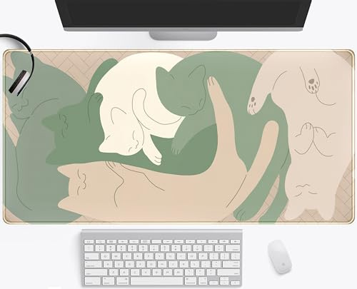 Niedliche Schlafende Katzen-Schreibtischmatte, Matcha-Grün, minimalistisches Boho-Mauspad, XXL, cremefarben, hellbraun, lustige Bürodekoration
