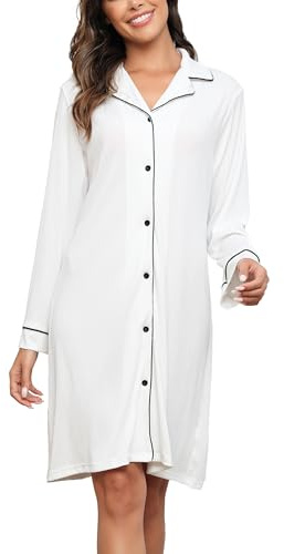 Vlazom Women Soft Nighties V-Neck Button Down Nightdress Classic Boyfriend Style Sleepshirt Long Sleeve Nightshirt Sleepwear white,M
