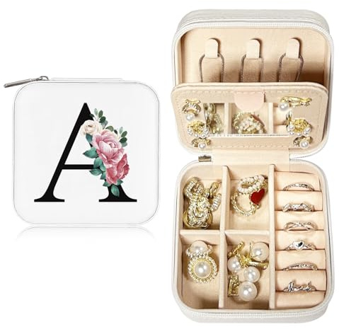 JEKUGOT Joyero de viaje personalizado, organizador de joyas del alfabeto, pequeño estuche de almacenamiento de joyas de viaje con espejo, joyero portátil, regalo de cumpleaños para mujeres, día de la