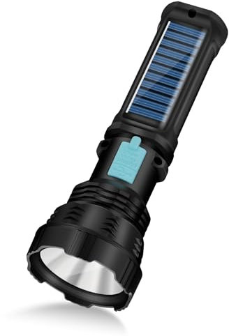VOETIR Led Solar Flashlight, 1500 Lumens Led Solar Handheld Rechargeable Flashlights with IP65 Waterproof, 2000mAh Battery for Survival Emergencies Camping (1 Pack)