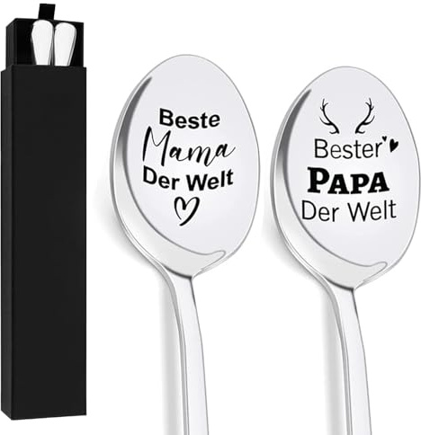 Mama Papa Geschenk, 2 Stück Kaffeelöffel mit Gravur für Beste Mama und Papa zum Muttertag Vatertag Geburtstag Ostern, Löffel Geburtstagsgeschenk Weihnachtsgeschenke Ostergeschenke für Papa Mama 19CM