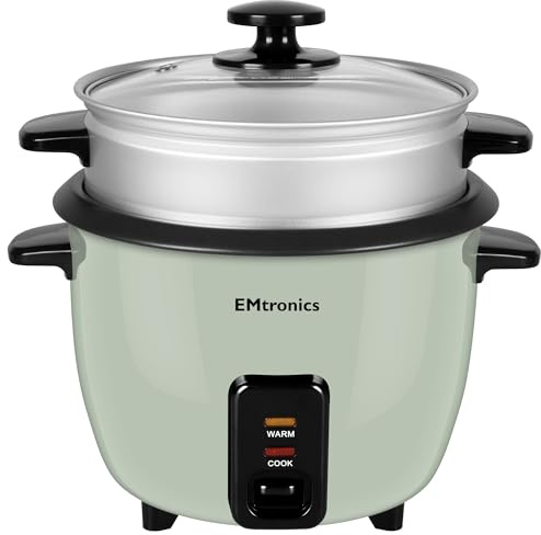 EMtronics EMRCDSSG0-6 Rice Cooker 0.6 Litre with Automatic Cooking, Steamer Tray and Warmer Function with Removable Non-Stick Bowl, Measuring Cup and Spatula 350W - Sage Green