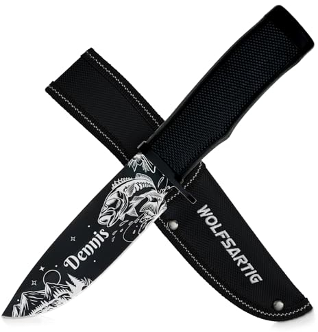 WOLFSARTIG Schwarzes personalisiertes Angelmesser – Geschenk für Angler mit Gravur – Outdoor- und Campingmesser mit Messerscheide (ohne Ständer)