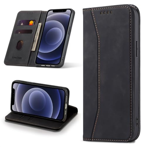 Leaisan Handyhülle für iPhone 12 Mini Hülle Premium Leder Flip Klappbare Stoßfeste Magnetische [Standfunktion] [Kartenfächern] Schutzhülle für iPhone 12 Mini Tasche - Schwarz