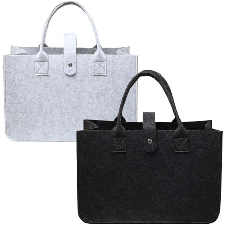 HENGBIRD 2 Stück Filztasche Einkaufstasche, 30x20x18cm Faltbar Filztaschen Shopper Filz Henkeltasche Tragetasche Shopping Bag zur Spielzeug Einkaufen Ausgehen Aufbewahrung(schwarz grau)