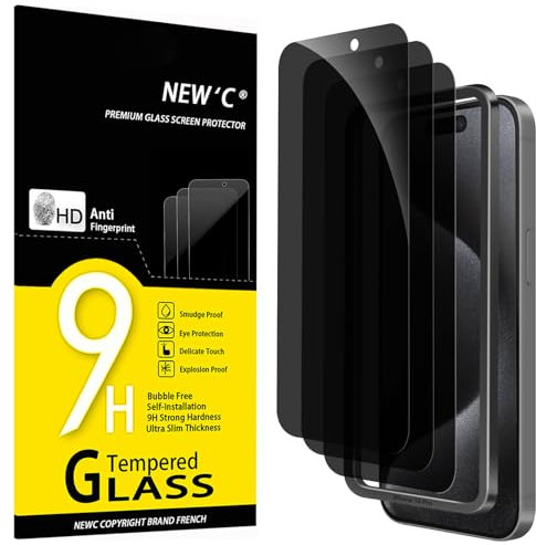 NEW'C 3 Pezzi, Pellicola Protettiva Privacy per iPhone 15 Pro (6,1 Pollici) vetro Temperato Anti-Spionaggio, Angolo di Privacy 28 Gradi Migliorato - Strumento di facile installazione incluso