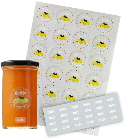 FOTOFOL transparente Aufkleber Marmelade - selbstklebende Etiketten für Marmeladengläser, Deckeletiketten, Einmachgläser (Quitte)