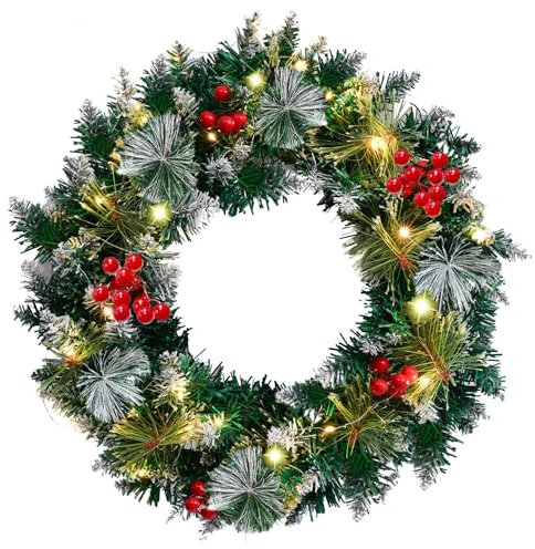Pre-lit Christmas Wreath,40CM/15.8 IN Pre Lit Artificial Christmas Décor Wreath with Lights,Bow,Indoor Outdoor Holiday Party Decorations for Front Door Wall (C)