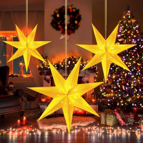 Papierstern zum Aufhängen, 3D Weihnachtsstern Beleuchtet LED Papierstern Beleuchtet, Papierstern mit Beleuchtung, Faltstern Weihnachten Papierstern Lampenschirm Papier Weihnachtsstern Fensterdeko