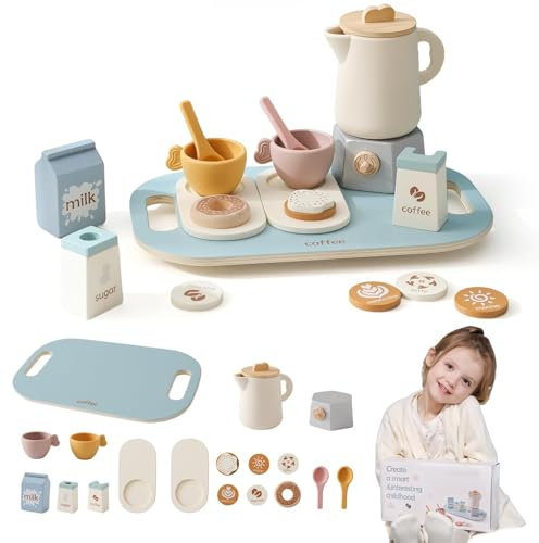 Mamimai Home Tea Party Set for Kids Wooden Tea Sets for Toddler Girl Toys Pretend Play for Little Girls Kitchen Play Food Accessories Sets Wooden Educational Toys Gifts with Silicone