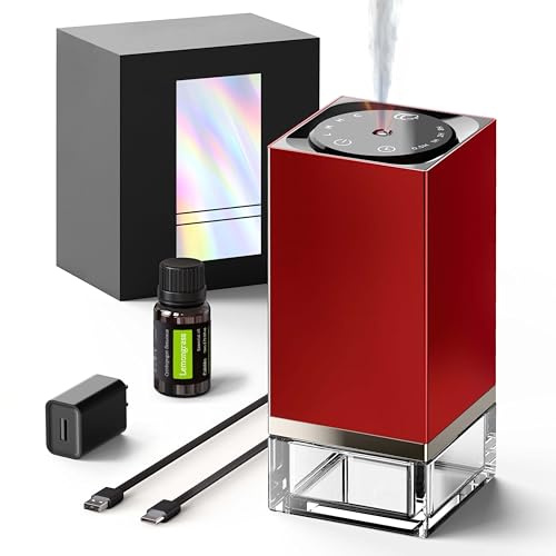 Essential Oil Diffuser – 50ml Capacity Nebulizer Waterless Diffuser, Portable, Battery Operated, Scent Air Machine for Home 4 Mist Settings 1/2/8H Timers （Includes Essential Oils and Adapter）C01-1 Red