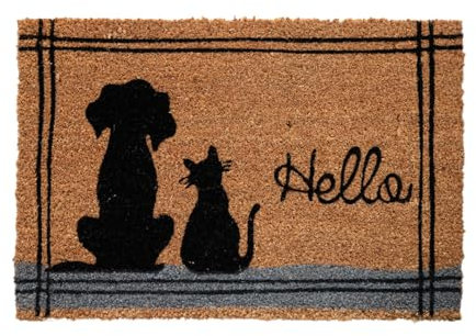 oKu-Tex Fußmatte Koko-Print Kokosmatte mit Aufdruck | Hello Hund & Katze | 60 x 40 cm | rutschfest | Indoor, für Innen