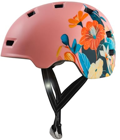 Crazy SafetyRampagePink FlowerHelmet för cyklar, skateboards, inline-skridskor och BMX-cyklar | cykelhjälm för män, kvinnor och barn | M (54-57 cm) justerbar skate- och cykelhjälm