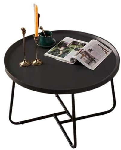 MVXBICIA Table basse ronde combinée avec dessus en bois de noyer et cadre en métal noir – Multifonctionnelle moderne pour salon, petite table (noir, 70 x 46 cm)