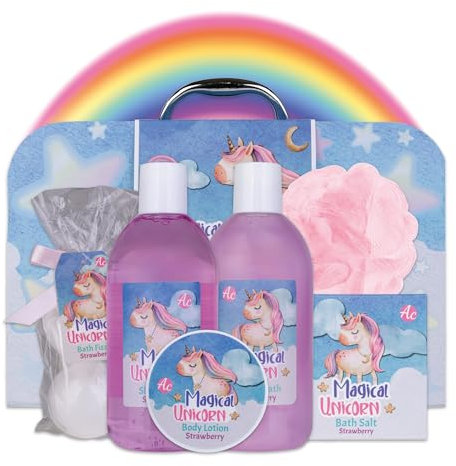 Accentra – Set regalo Magic Unicor per ragazze e donne – Set doccia 6 pezzi con bagno di schiuma, bomba da bagno, gel doccia, lozione per il corpo e altro ancora – Set per la cura con fragola e