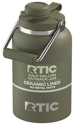 RTIC Half Gallon Outback Jug, Stainless Steel, Ceramic Lined Insulated Water Bottle with Lid and Handle, BPA-Free, Double Wall Vacuum Insulation, Olive