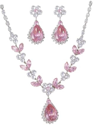 AOWVUTS Femme Mariage Parure Ensembles de Bijoux Demoiselle D'honneur Goutte D'eau Cubique Zircone Glamour Collier Boucles D'oreilles Pendentif Parure de Bijoux Fiançailles Mariée Cadeau Bijoux (Rose)