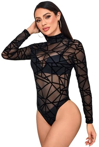 BALAYSIER Mesh Body Damen Langarm Hohe Elastizität Bodysuit Women Hohen Kragen Sexy Bodys für Partys und Raves(Schwarzer gestreift,L)