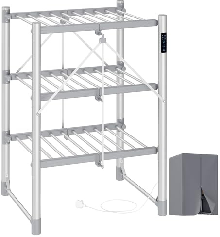 SONGMICS Heated Clothes Airer, 3-Tier Foldable Electric Clothes Dryer Rack | Large, Indoor Drying for Laundry, Control Panel, with Fabric Cover, Aluminium Alloy, Silver, BUNJI Collection LLR705EZ01