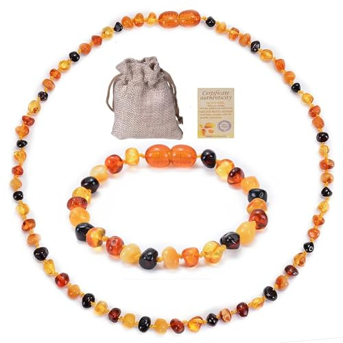 Baltic Amber Jewelry Set - Natural Handmade Unisex Bracelet & Necklace for Calming Wellness Protection & Good Luck(Necklace: 13 inches, Bracelet: 5.5 inches)