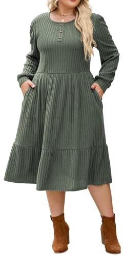 Hanna Nikole Plus Size A-Line Dress Women's Knit Dress Sweater Dress 2025 Casual Midi Dress Knit Dress Army Green