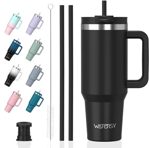 WATERSY 891ml Thermobecher mit 2 Strohhalmen, Trinkbecher Auslaufsicherer Kaffeebecher To Go Vakuum-Isoliert mit BPA frei Schraubdeckel, Trinkflasche Kühlt 12 Stunden,Schwarz